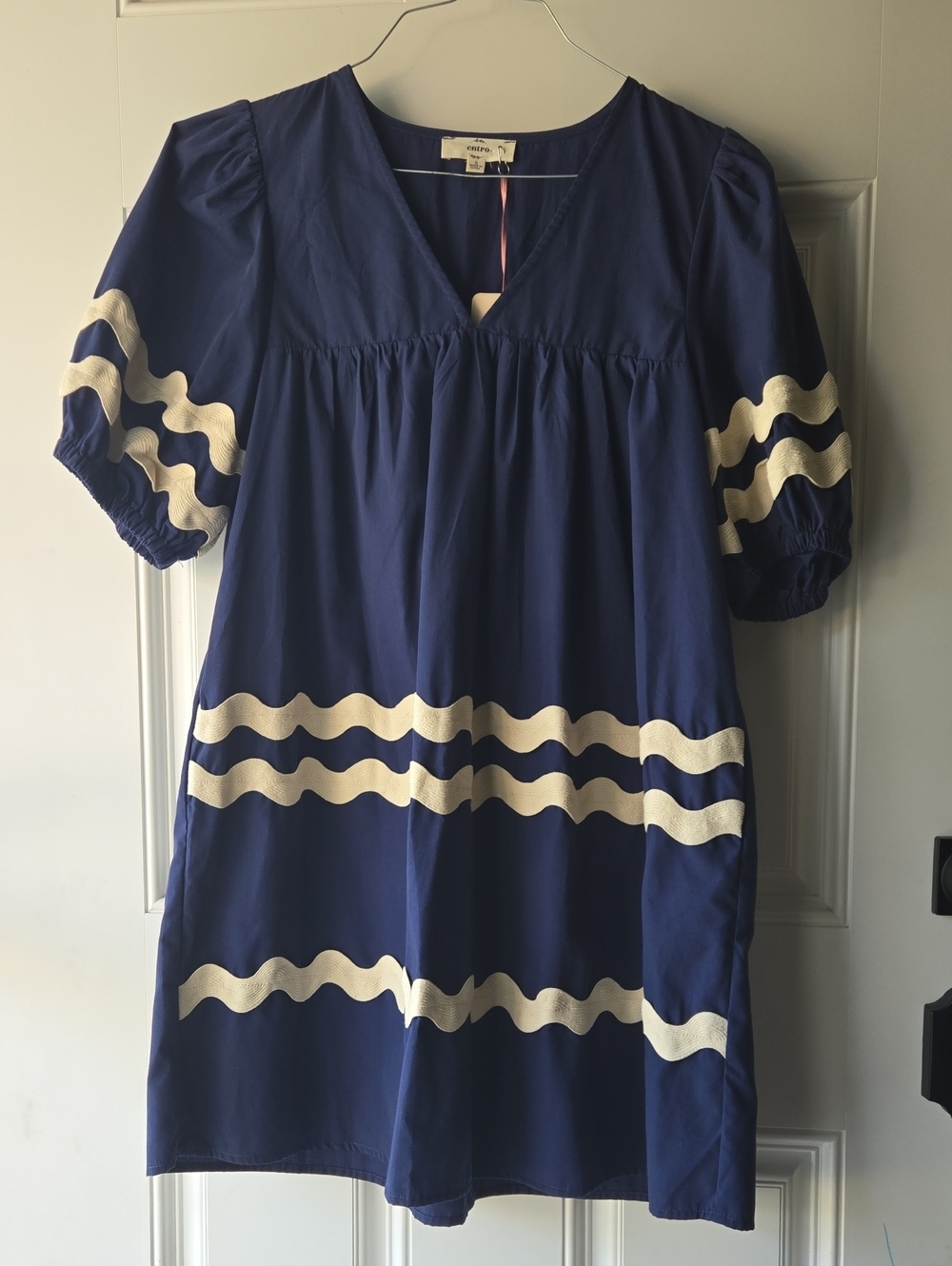 entro Navy Blue Mini Dress with Cream Wave Stripes
